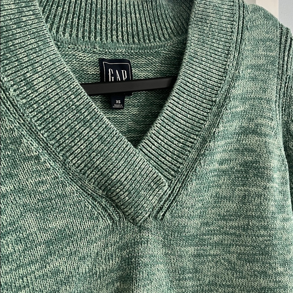 GAP Green Teal 100% Cotton Knit V-Neck Sweater XS - Picture 4 of 6